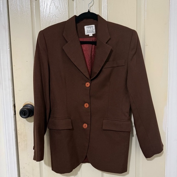 Vintage Emblem Brown Blazer with Shoulder Pads – Size 7 - Picture 3 of 13